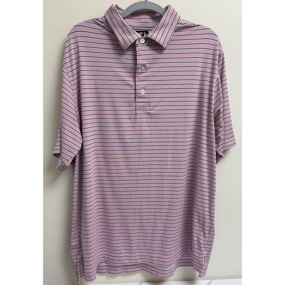 FootJoy Golf Polo Shirt‎ Men's Large Pink Black White Stripe Performance Stretch